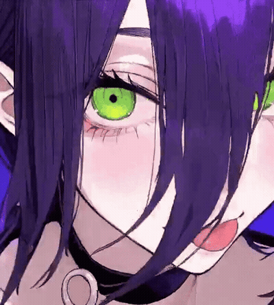 A Close Up Of A Girl 'S Face With Purple Hair And Green Eyes . GIF