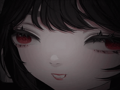 A Close Up Of A Girl 'S Face With Red Eyes And Black Hair GIF