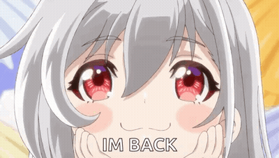 A Close Up Of A Girl 'S Face With The Words `` I 'M Back '' Written On The Bottom . GIF
