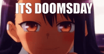 A Close Up Of A Girl 'S Face With The Words It 'S Doomsday Behind Her GIF