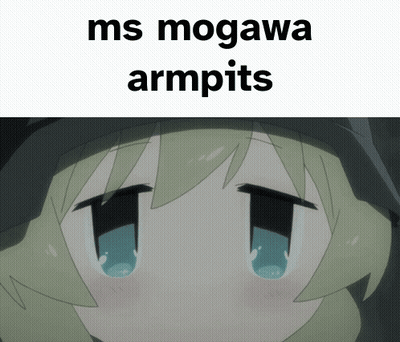 A Close Up Of A Girl 'S Face With The Words `` Ms Mogawa Armpits '' Written Above Her . GIF