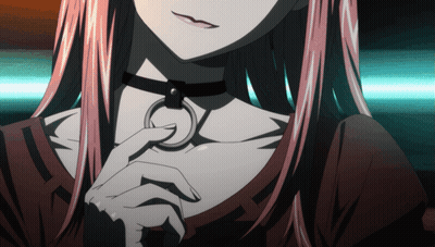 A Close Up Of A Girl Wearing A Choker With A Ring Around Her Neck GIF