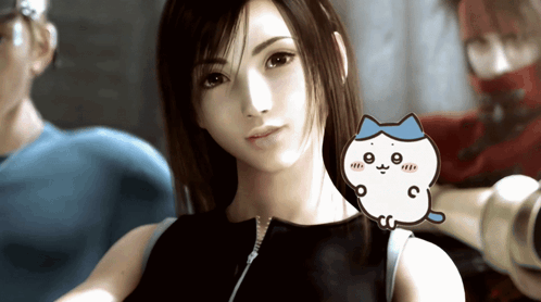 A Close Up Of A Girl With A Cartoon Cat Behind Her GIF