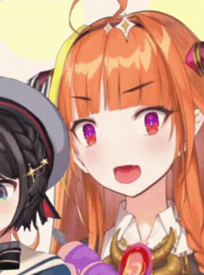A Close Up Of A Girl With Orange Hair And Purple Eyes Standing Next To Another Girl . GIF