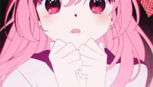 A Close Up Of A Girl With Pink Hair And Red Eyes GIF