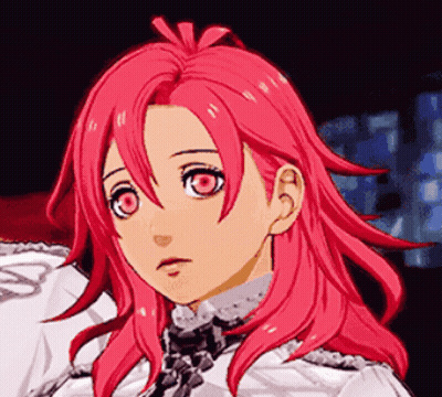 A Close Up Of A Girl With Pink Hair And Red Eyes GIF