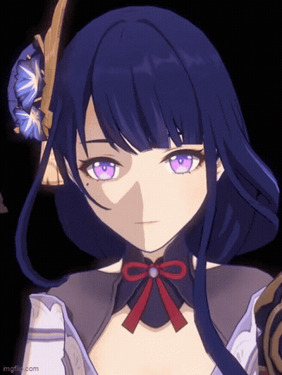 A Close Up Of A Girl With Purple Eyes And A Bow GIF
