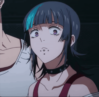 A Close Up Of A Girl With Purple Eyes And A Choker GIF