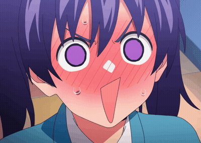 a close up of a girl with purple eyes and a surprised look on her face