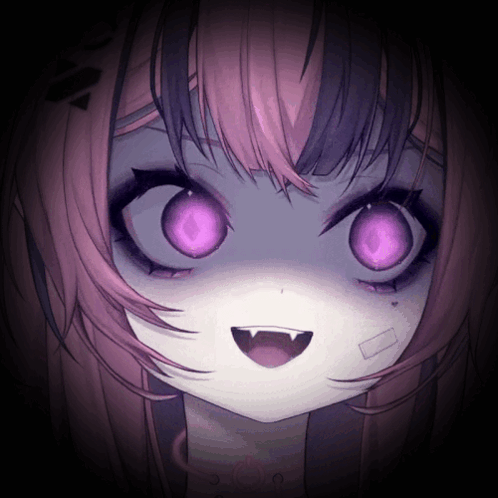 A Close Up Of A Girl With Purple Eyes And Fangs GIF