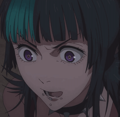 A Close Up Of A Girl With Purple Eyes And Spikes On Her Neck GIF