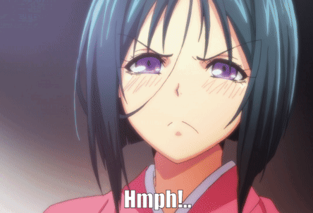 A Close Up Of A Girl With Purple Eyes And The Word Hmph Below Her GIF