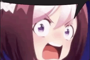 A Close Up Of A Girl With Purple Eyes Making A Funny Face With Her Mouth Open . GIF