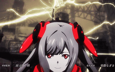 A Close Up Of A Girl With Red Ears And A Lightning Bolt Behind Her GIF
