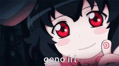 A Close Up Of A Girl With Red Eyes And Geno Irl Written Below Her GIF