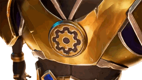 A Close Up Of A Gold Armor With A Gear On The Chest Sticker