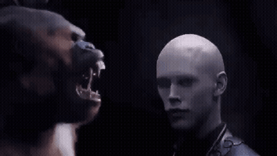 A Close Up Of A Gorilla With Its Mouth Open In The Dark . GIF