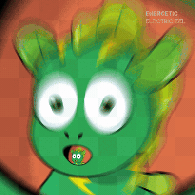 A Close Up Of A Green Cartoon Character With The Words Energetic Electric Eel On The Bottom GIF