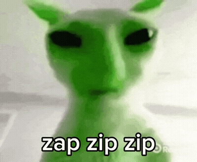 A Close Up Of A Green Cat With The Words Zap Zip Zip On It . GIF