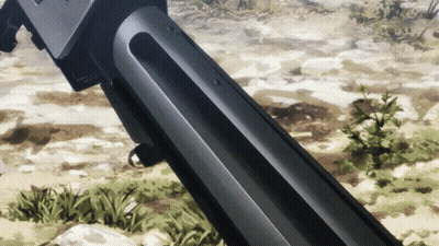 A Close Up Of A Gun In A Field With A Plant In The Background GIF