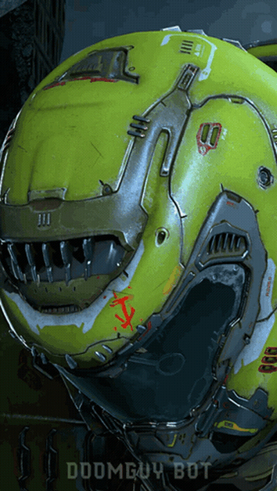 A Close Up Of A Helmet With The Words Doomguy Bot Written Below It GIF