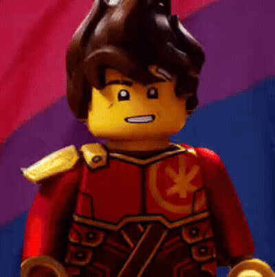 A Close Up Of A Lego Figure In Front Of A Bisexual Flag GIF