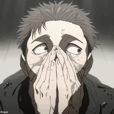A Close Up Of A Man Covering His Face With His Hands With A Project Logo In The Background GIF