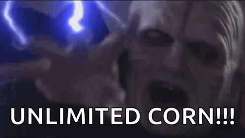 A Close Up Of A Man Holding A Lightning Bolt And Saying `` Unlimited Corn !!! '' GIF