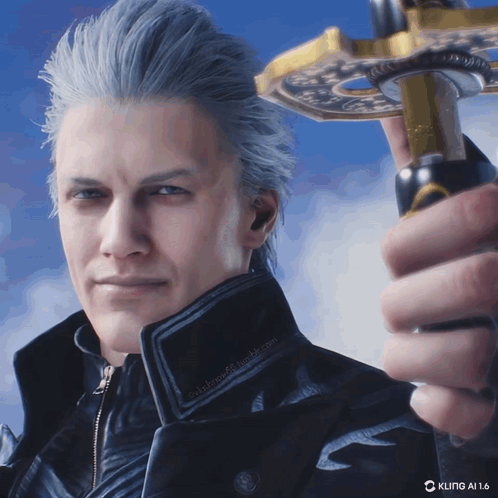 A Close Up Of A Man Holding A Sword With The Words Kling Ai 1.6 Visible In The Corner GIF