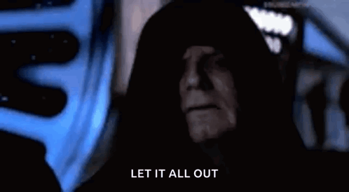 A Close Up Of A Man In A Hood With The Words `` Let It All Out '' Written Next To Him . GIF