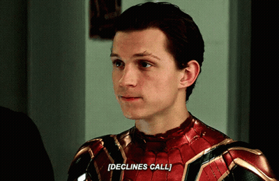 A Close Up Of A Man In A Spiderman Suit Saying Declines Call GIF