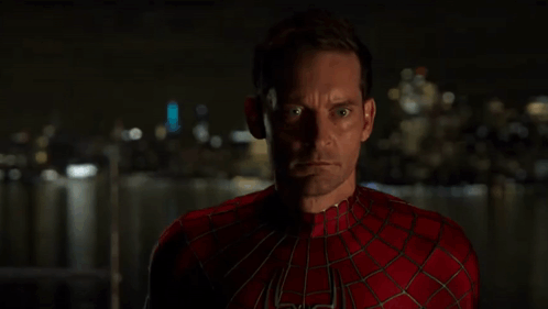 A Close Up Of A Man In A Spiderman Suit Standing In Front Of A Body Of Water At Night . GIF