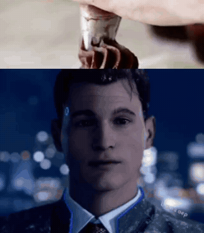 a close up of a man in a suit and tie holding a piece of meat .