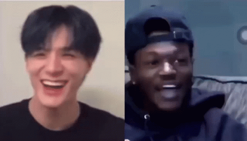 A Close Up Of A Man Laughing Next To A Close Up Of A Man Wearing A Baseball Cap . GIF