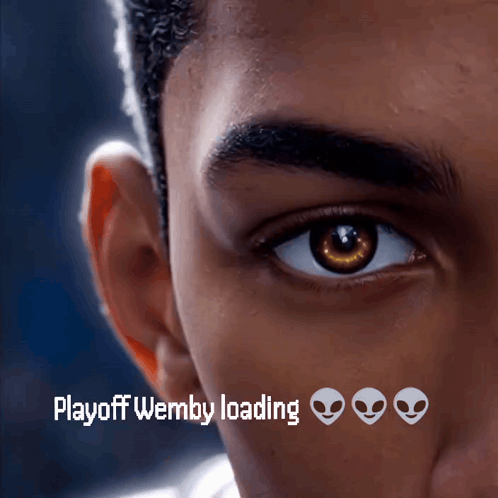 A Close Up Of A Man 'S Eye With The Words " Playoff Wemby Loading " Below It GIF