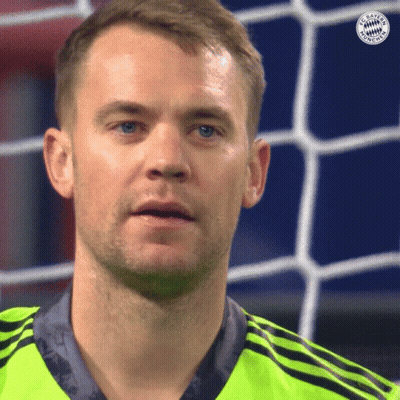 A Close Up Of A Man 'S Face With A Bayern Munich Logo In The Corner GIF