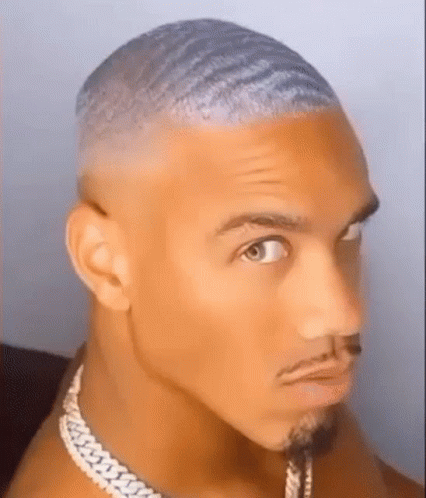 A Close Up Of A Man 'S Face With A Beard And A Necklace On . GIF