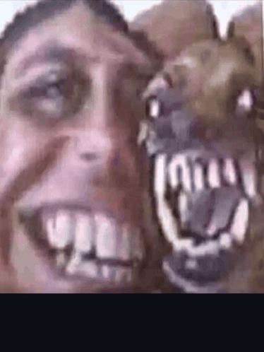 A Close Up Of A Man 'S Face With A Dog 'S Head In The Background . GIF