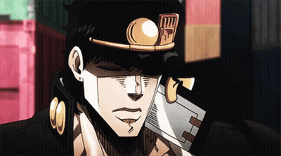 A Close Up Of A Man 'S Face With A Hat That Says ' Jojo ' On It GIF