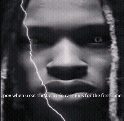 A Close Up Of A Man 'S Face With A Lightning Bolt Behind Him GIF
