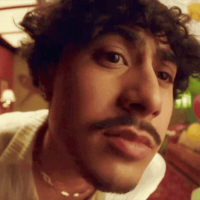 A Close Up Of A Man 'S Face With A Mustache And Curly Hair . GIF