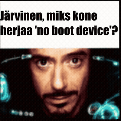 A Close Up Of A Man 'S Face With A Sign Above It That Says ' No Boot Device ? ' GIF