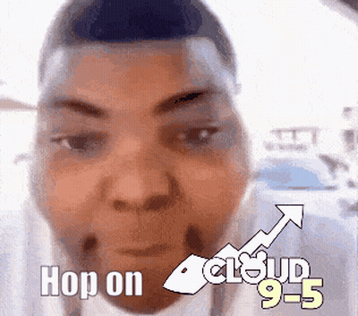 A Close Up Of A Man 'S Face With An Arrow Pointing Up And The Words Hop On Cloud 95 GIF