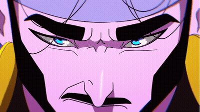 A Close Up Of A Man 'S Face With Blue Eyes And A Mustache GIF