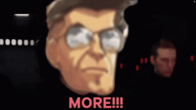 A Close Up Of A Man 'S Face With Glasses And The Words More Written In Red . GIF