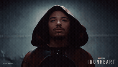 A Close Up Of A Man 'S Face With Ironheart Written On The Bottom GIF