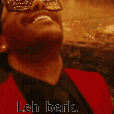 A Close Up Of A Man 'S Face With Sunglasses On And The Words Leh Berk Written On The Bottom . GIF