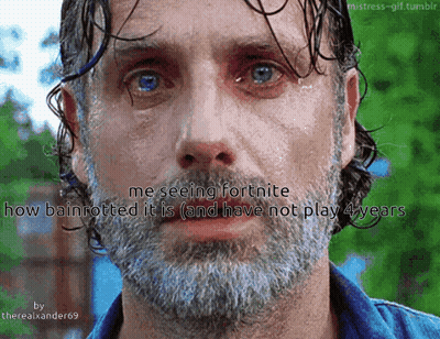 A Close Up Of A Man 'S Face With The Caption Me Seeing Fortnite How Bainrotted It Is GIF