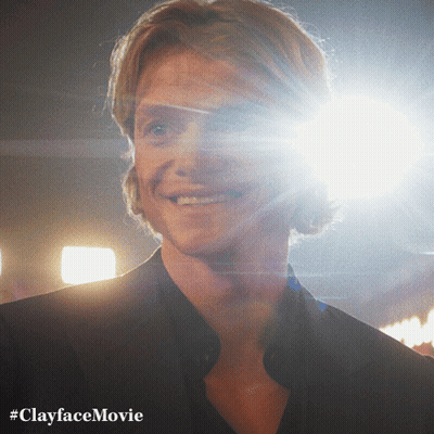 A Close Up Of A Man 'S Face With The Hashtag #Clayfacemovie Below Him GIF