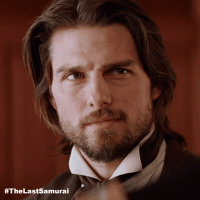 A Close Up Of A Man 'S Face With The Hashtag #Thelastsamurai Visible GIF